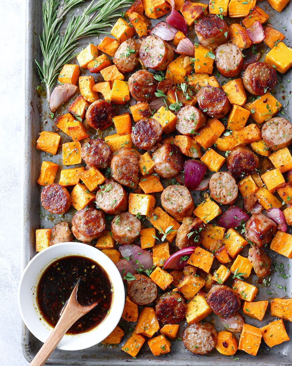 Honey Garlic Sausage Sweet Potatoes with creamy parmesan —