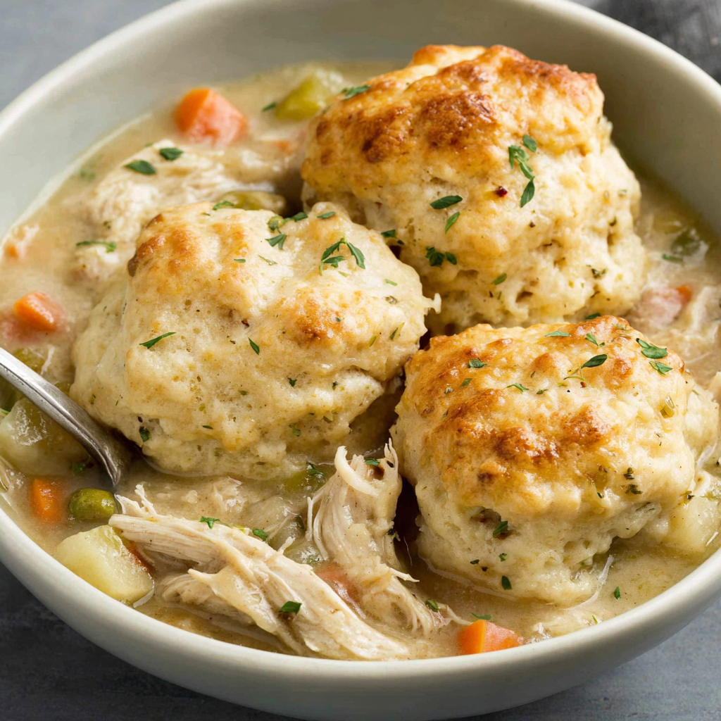 Comforting Chicken and Dumplings with Biscuits