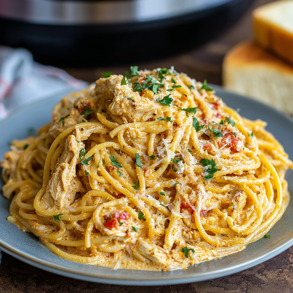 Creamy Crockpot Cheesy Chicken Spaghetti